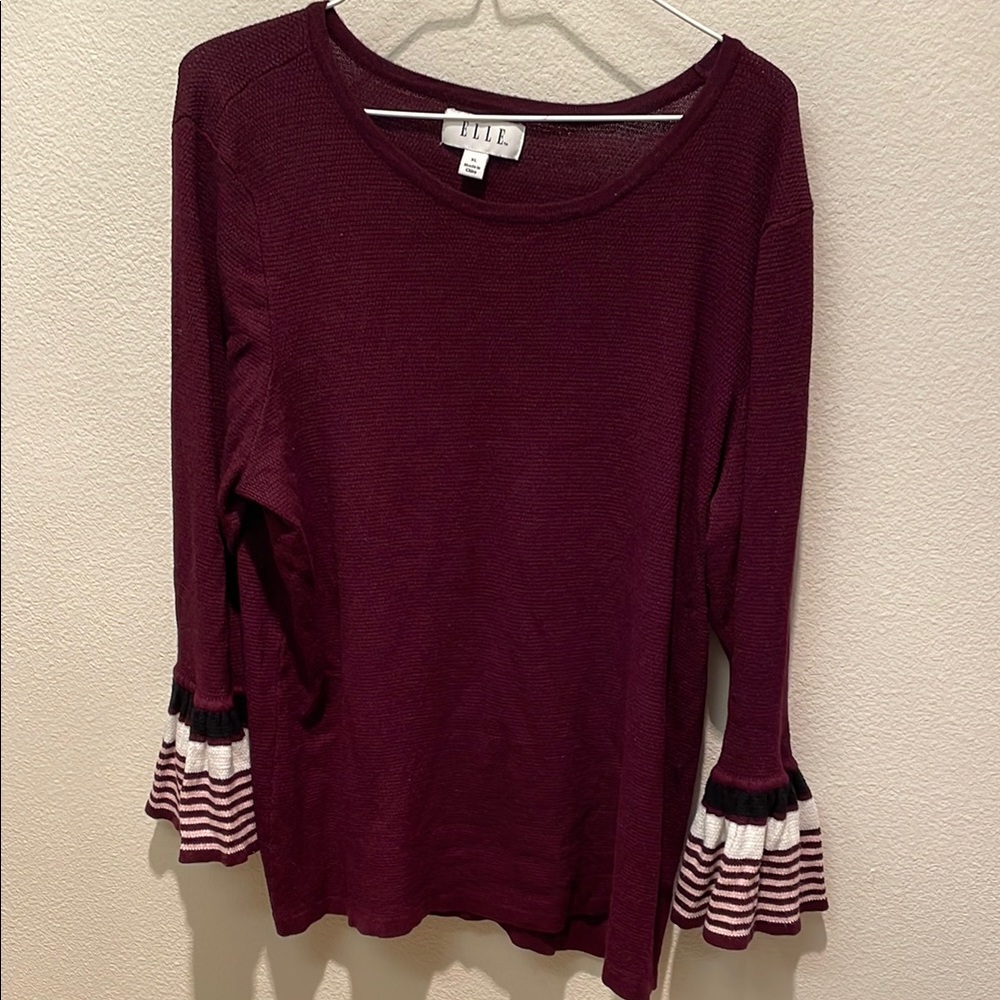 ELLE Women’s Burgundy Top with Striped Belle Sleeves